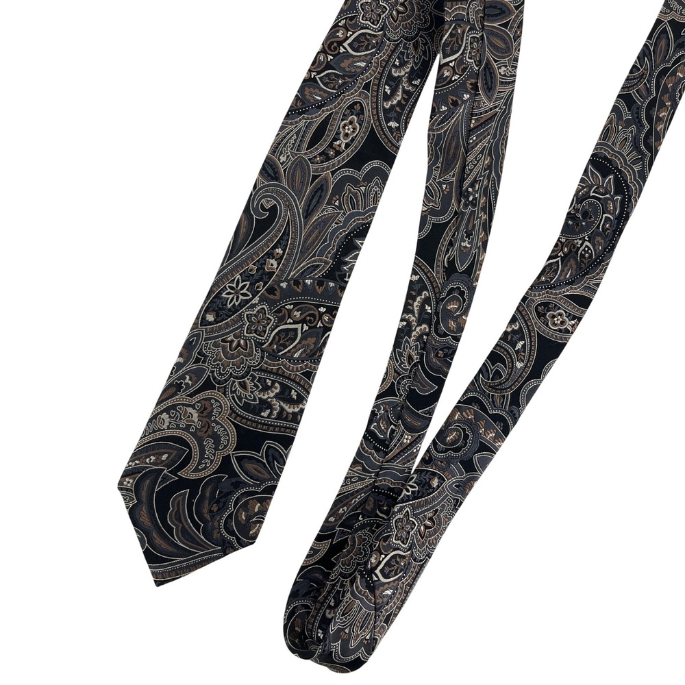Geoffrey Beene Mens Silk Necktie Black Grey Bronze Paisley Hand Made 58x3.5